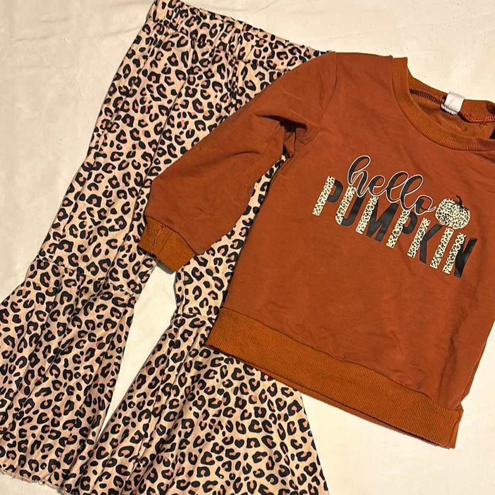 Kids Pumpkin Bell Bottom Pants Set - Brown and Leopard Print